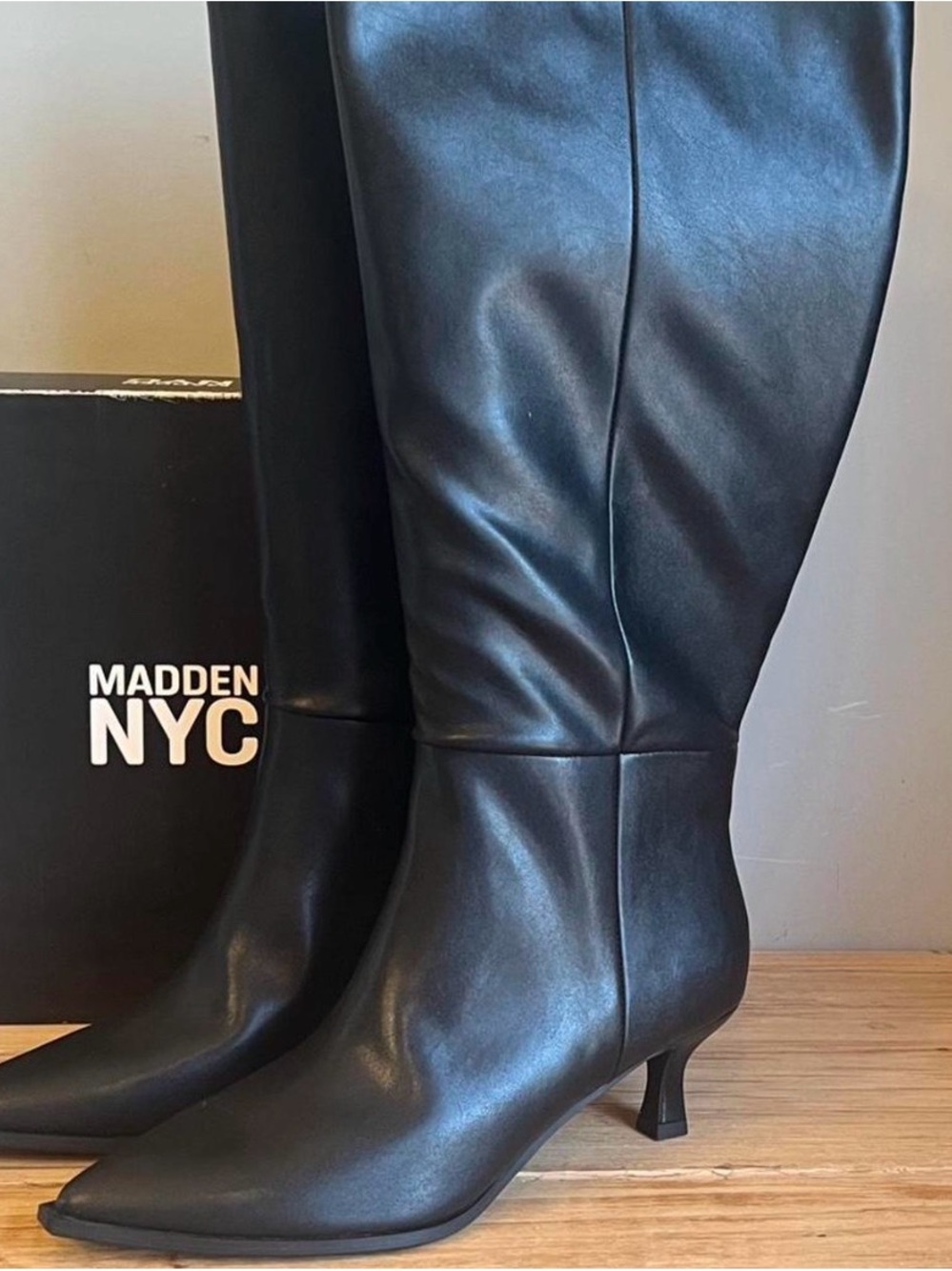 Madden NYC Women's Black Knee-High Pointed-Toe Heeled Boots